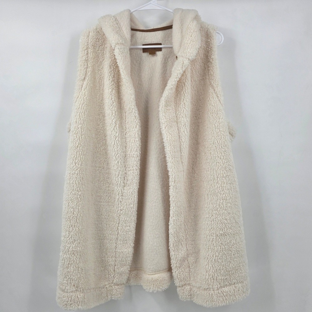 KOOLABURA BY UGG SHERPA HOODED VEST WOMENS XL CREAM WHITE OPEN FRONT POCKETS EUC - Picture 2 of 14